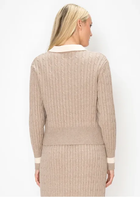 Beige Cable Knit Polo Sweater
