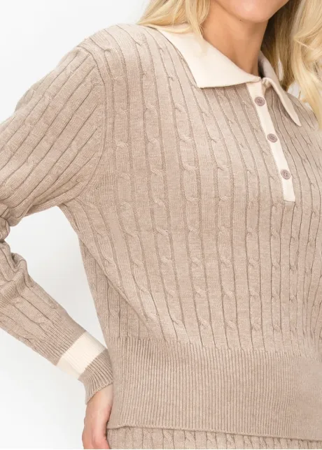 Beige Cable Knit Polo Sweater