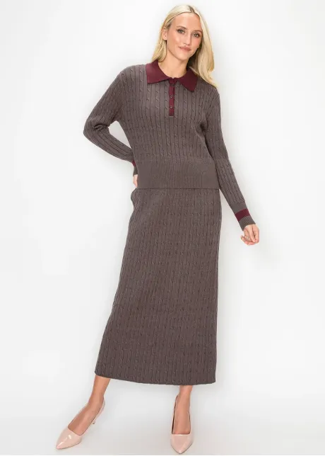Brown Cable Sweater with Contrast Collar