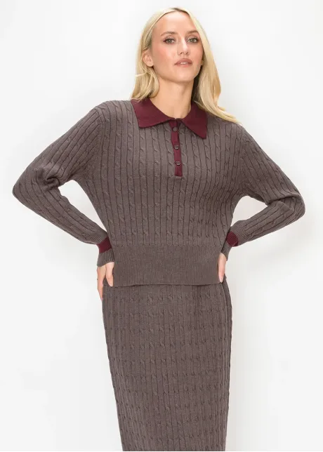 Brown Cable Sweater with Contrast Collar