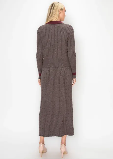 Brown Cable Sweater with Contrast Collar