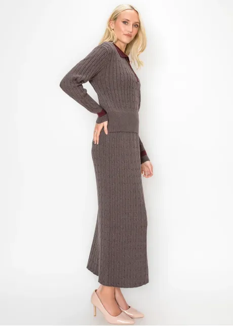 Brown Cable Sweater with Contrast Collar