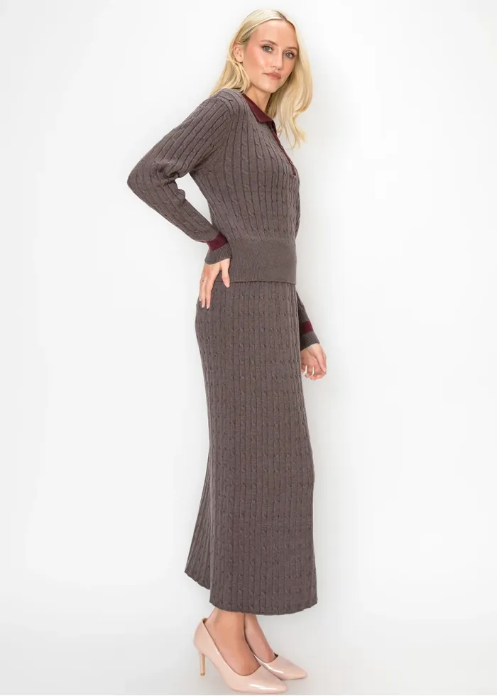 Heather Brown Knit Skirt with Vertical Cable