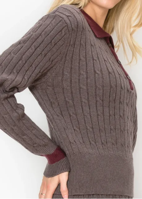 Brown Cable Sweater with Contrast Collar