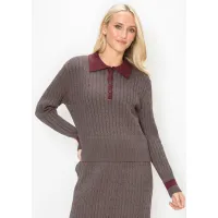 Brown Cable Sweater with Contrast Collar