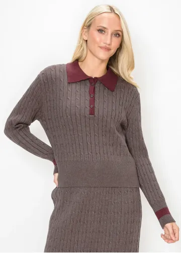 Brown Cable Sweater with Contrast Collar