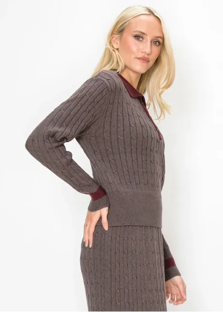 Brown Cable Sweater with Contrast Collar