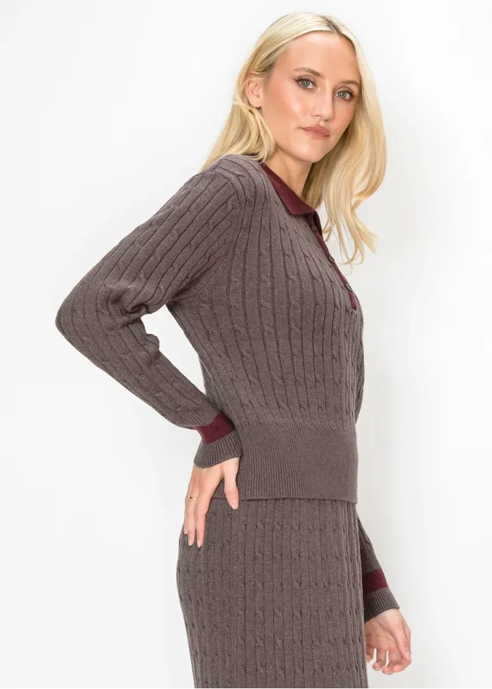 Brown Cable Sweater with Contrast Collar