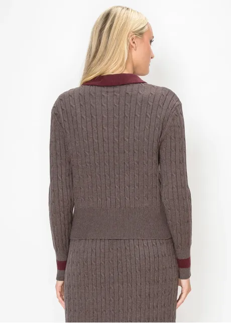 Brown Cable Sweater with Contrast Collar