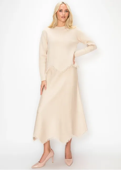 Cream Knit Sweater with Fringe Trim Hem