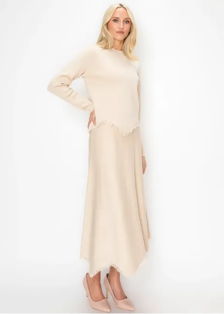 Cream Knit Sweater with Fringe Trim Hem