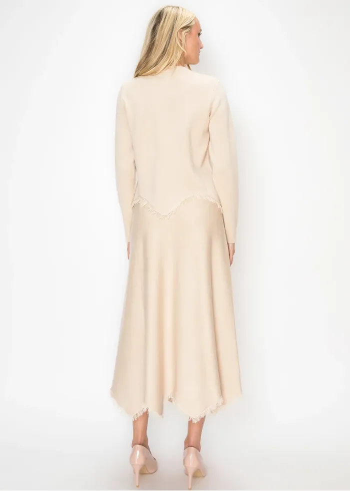 Cream Knit Sweater with Fringe Trim Hem