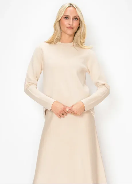 Cream Knit Sweater with Fringe Trim Hem