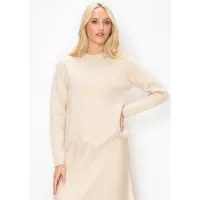 Cream Knit Sweater with Fringe Trim Hem