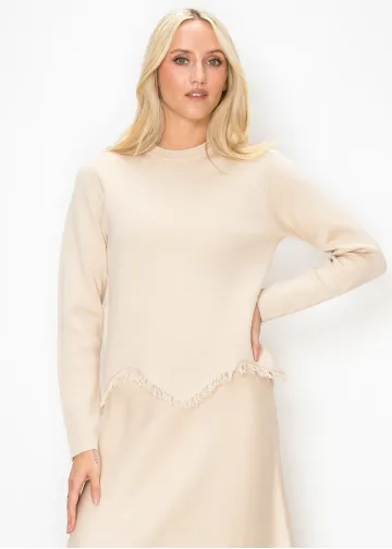 Cream Knit Sweater with Fringe Trim Hem