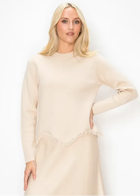 Cream Knit Sweater with Fringe Trim Hem