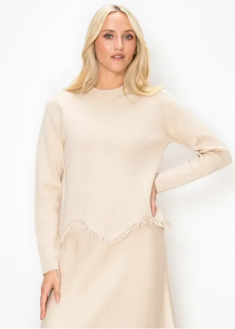 Cream Knit Sweater with Fringe Trim Hem