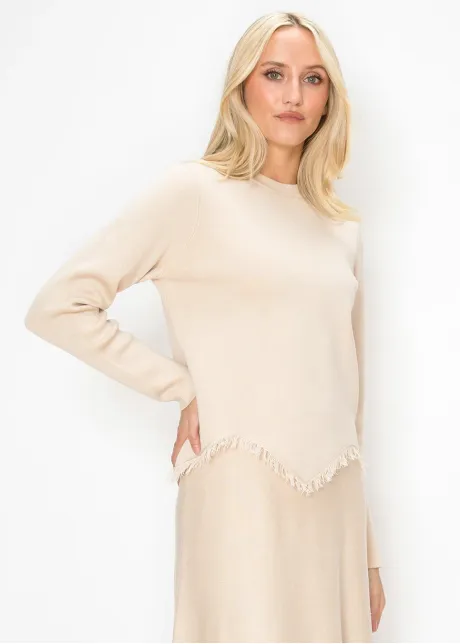 Cream Knit Sweater with Fringe Trim Hem