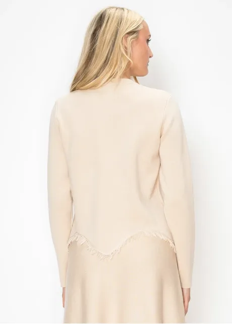 Cream Knit Sweater with Fringe Trim Hem