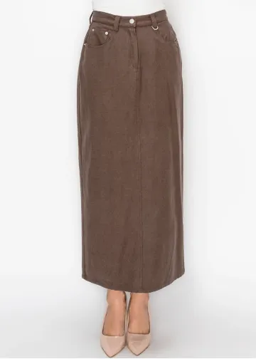 Brown Straight Skirt with Front Pockets