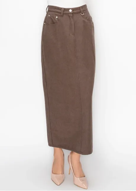 Brown Straight Skirt with Front Pockets