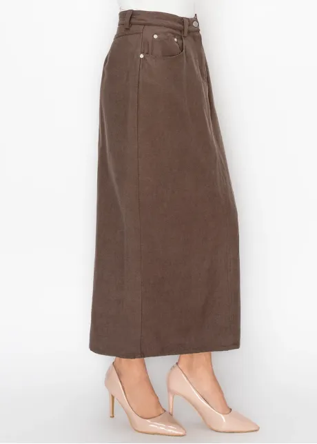 Brown Straight Skirt with Front Pockets
