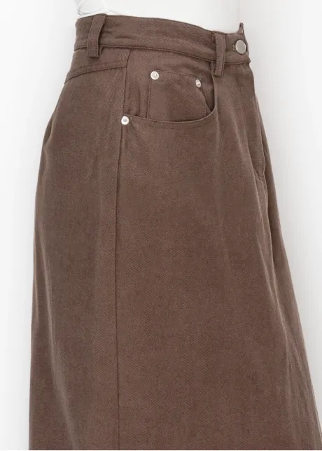 Brown Straight Skirt with Front Pockets