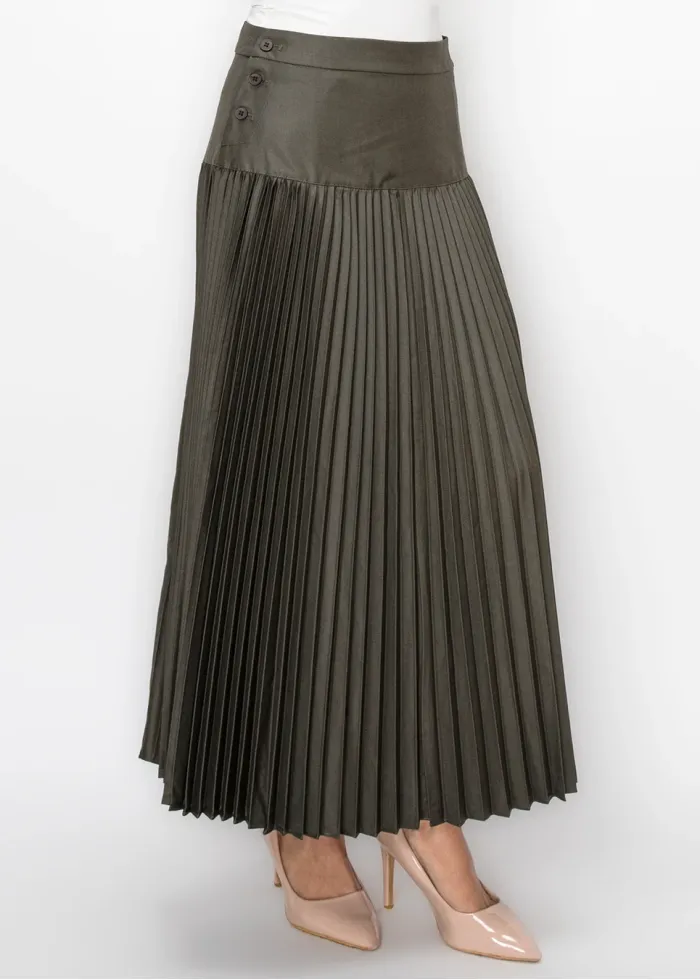 Grey Pleated Skirt with Double Button Detail