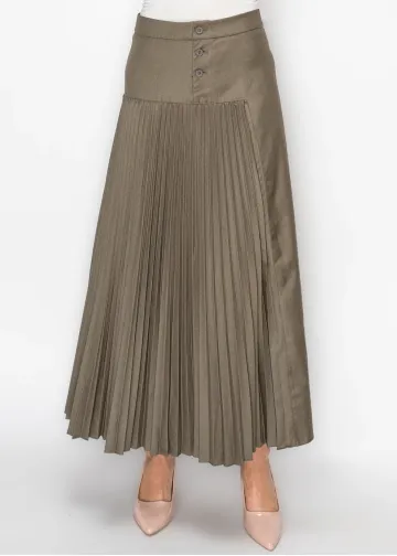 Olive Pleated Maxi Skirt with Button Yoke