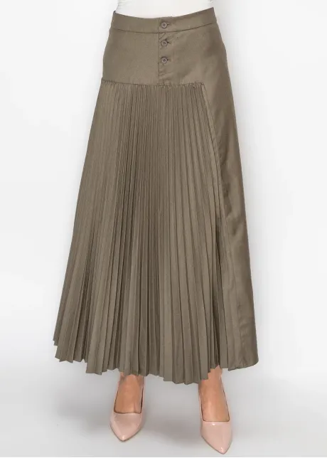 Olive Pleated Maxi Skirt with Button Yoke