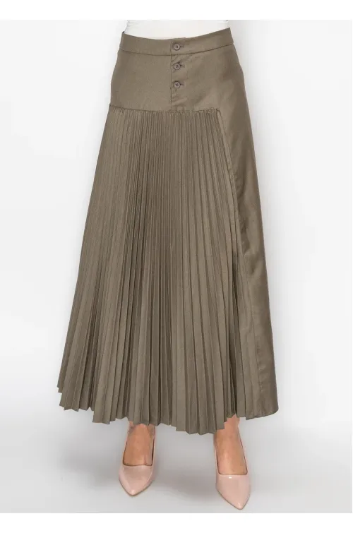 Olive Pleated Maxi Skirt with Button Yoke
