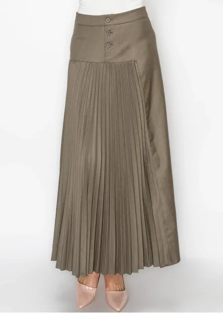 Olive Pleated Maxi Skirt with Button Yoke