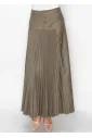 Olive Pleated Maxi Skirt with Button Yoke