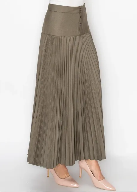 Olive Pleated Maxi Skirt with Button Yoke