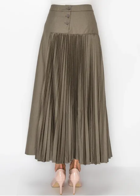 Olive Pleated Maxi Skirt with Button Yoke