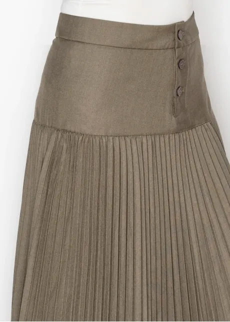 Olive Pleated Maxi Skirt with Button Yoke