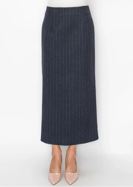 Navy Pinstripe Midi Pencil Skirt