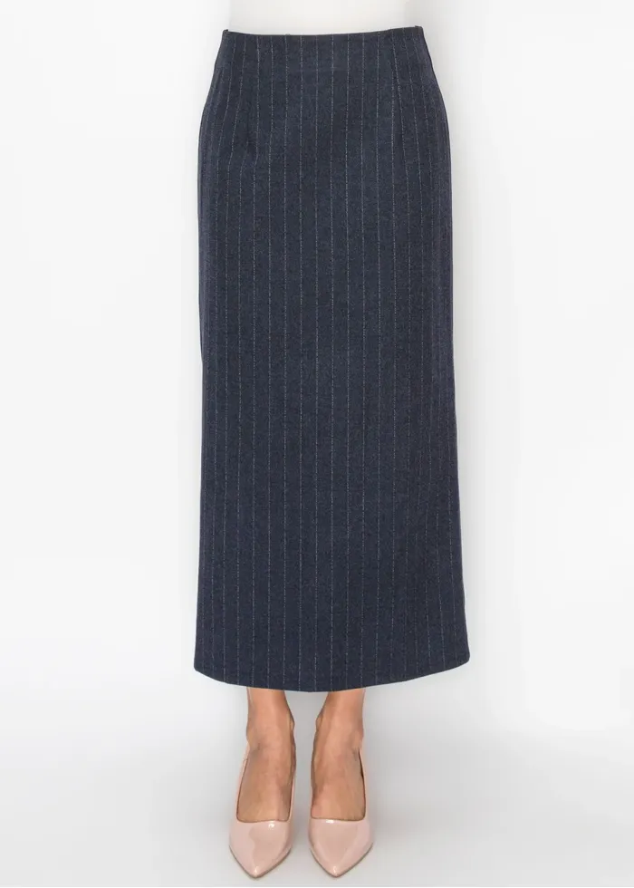 Navy Pinstripe Midi Pencil Skirt