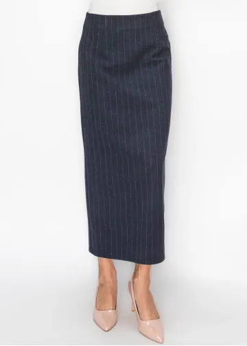 Navy Pinstripe Midi Pencil Skirt