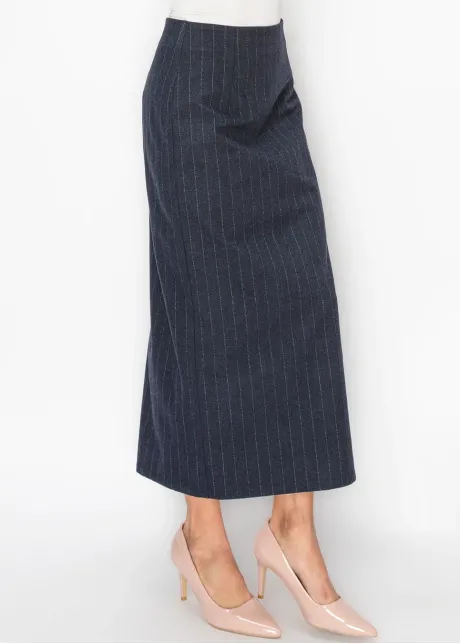Navy Pinstripe Midi Pencil Skirt