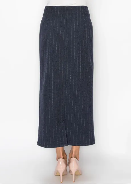 Navy Pinstripe Midi Pencil Skirt