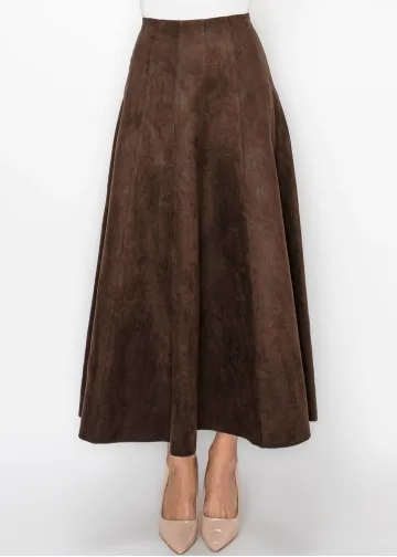 Ankle Length Suede Look Skirt in Brown