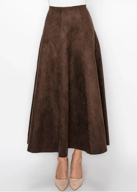 Ankle Length Suede Look Skirt in Brown