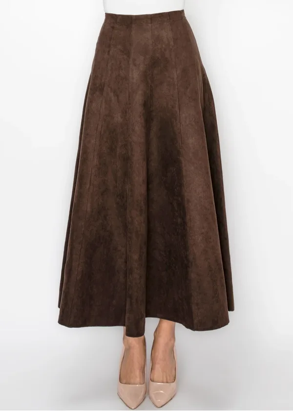 Ankle Length Suede Look Skirt in Brown