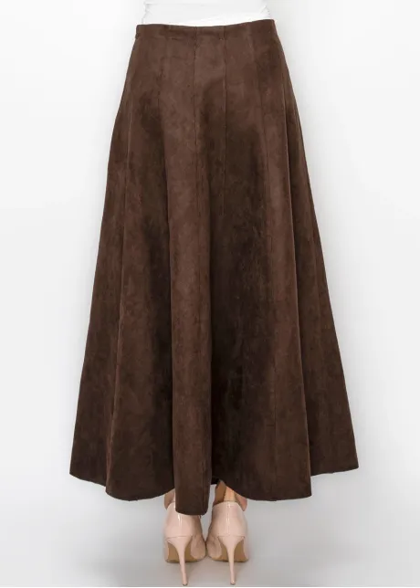 Ankle Length Suede Look Skirt in Brown