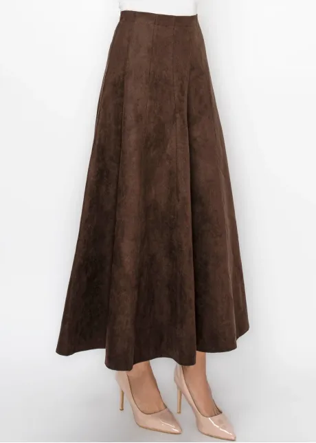 Ankle Length Suede Look Skirt in Brown
