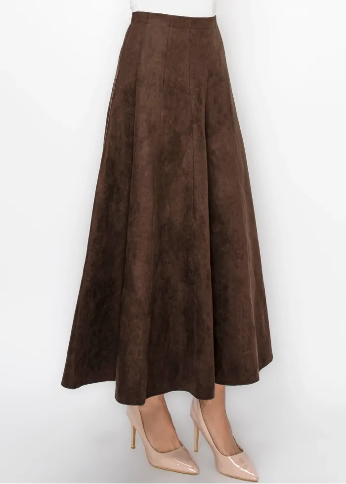 Ankle Length Suede Look Skirt in Brown