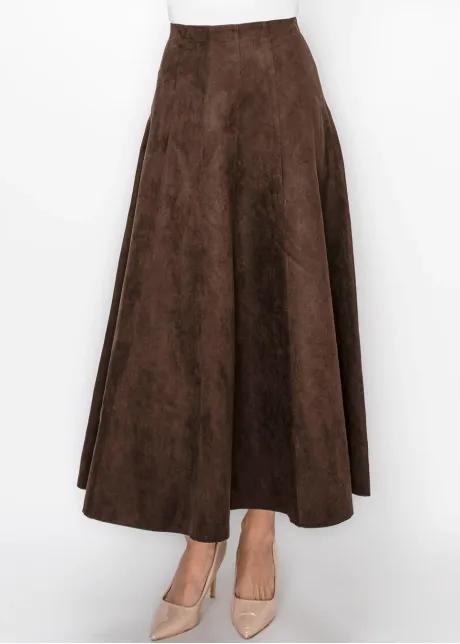 Ankle Length Suede Look Skirt in Brown
