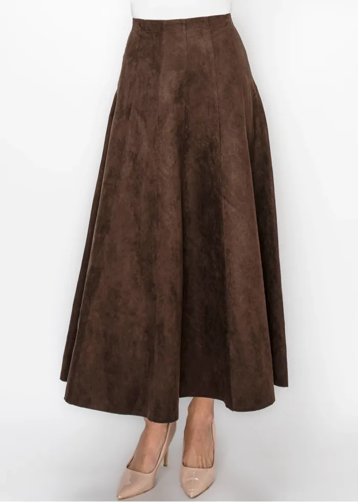 Ankle Length Suede Look Skirt in Brown