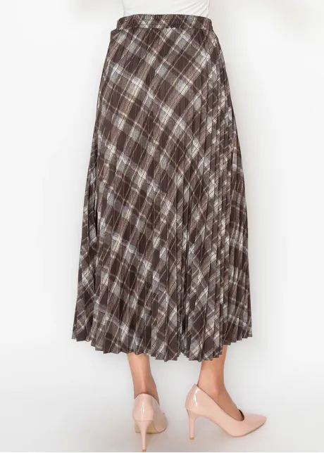 Pleated Midi Skirt in Brown Plaid